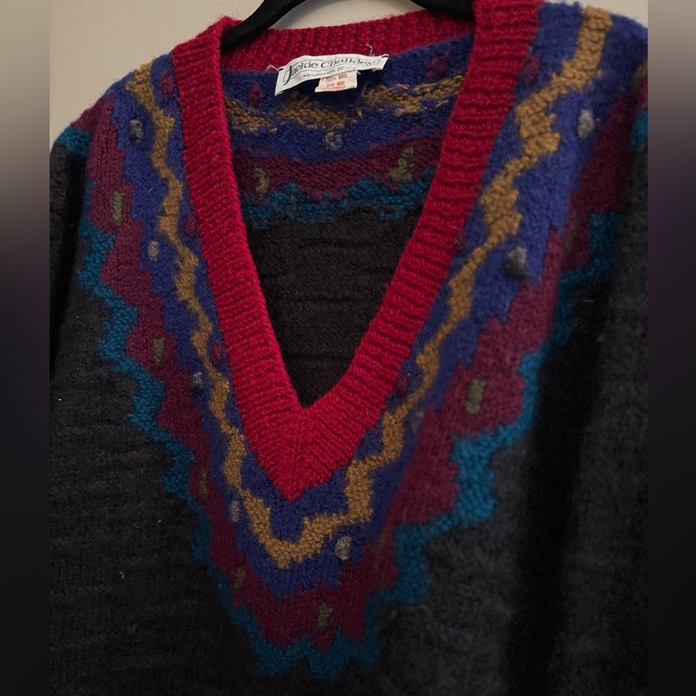 Rare Vintage 90’s Jackie Chaulkey Scandinavian Colorful V-Neck Sweater Medium - Picture 2 of 6